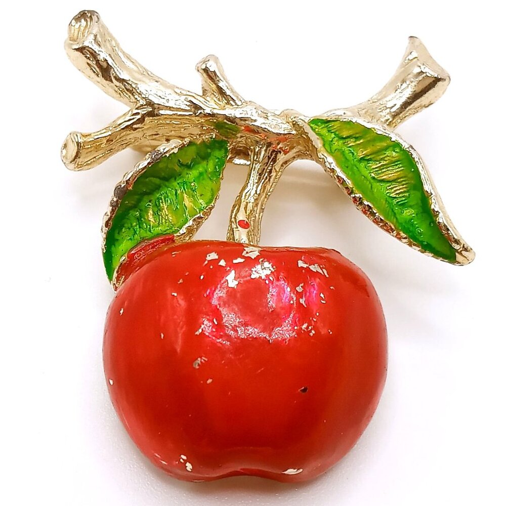 Vintage Gerrys Brooch Red Apple Gold-Tone Enamel Leaves Branch Design Pin